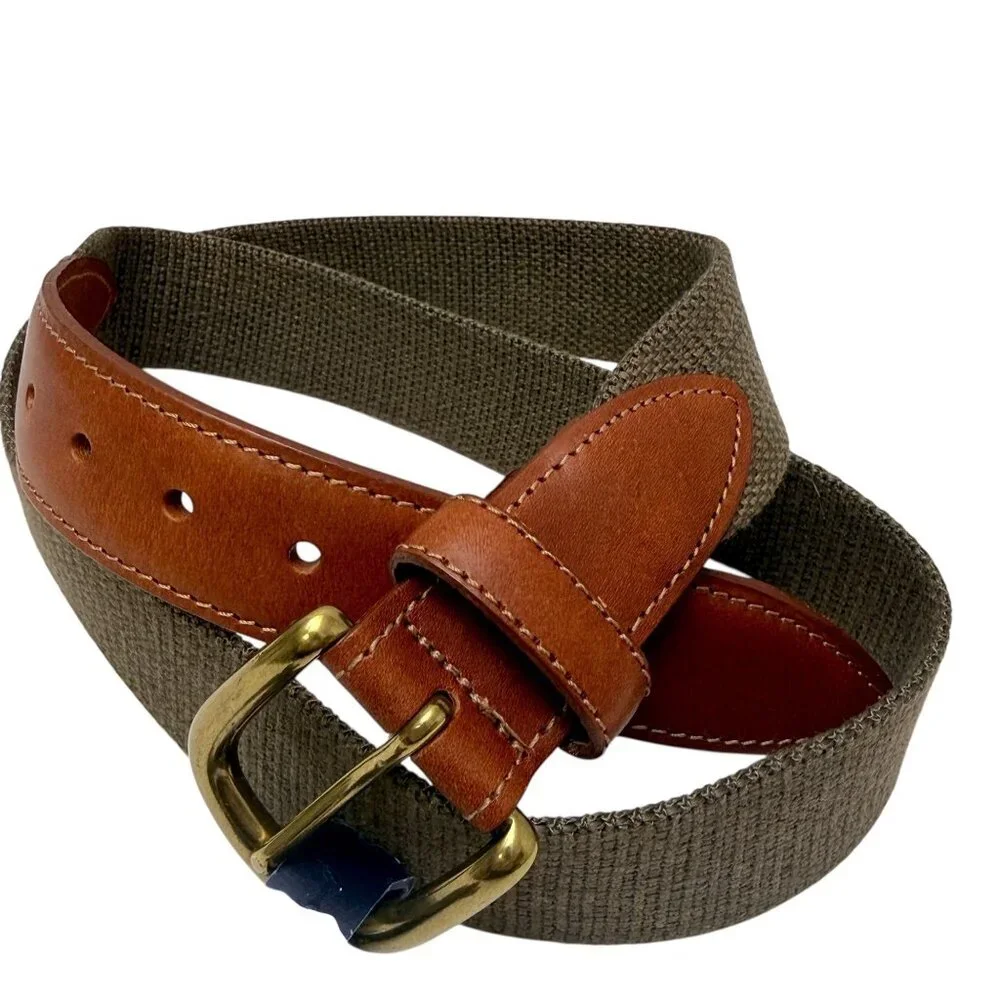 EAST ISLAND Saddle Leather Web Belt Mens Size 34 Brown Olive Green NWT